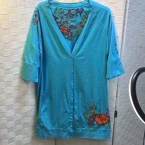 Johnny Was Turquoise Button Down Shirt with Floral Embroidery